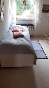下克吕希滕Ferienwohnung Silk的一间卧室配有带两个枕头的床和窗户