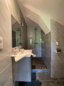 Sainte-Hélène-du-LacLe Lodge du Pichat的一间带水槽和镜子的浴室