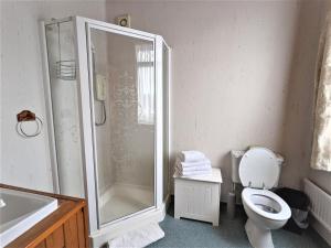 多佛尔诺曼旅馆的带淋浴、卫生间和盥洗盆的浴室