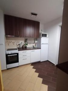 萨拉热窝Apartman Alina - free public parking的厨房配有白色家电和棕色橱柜
