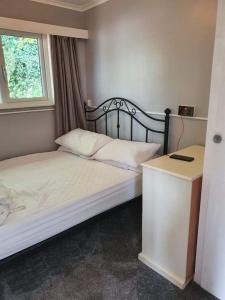 陶因Springside Chalet20的一间卧室配有一张床、一个窗口和一张书桌