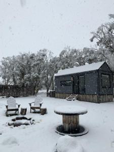 金德拜恩Big Yard Escapes - Two Off-Grid Tiny Houses on the Mowamba River的雪覆盖着桌子和长凳的公园