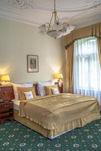 卡罗维发利米尼翁酒店的一间卧室配有一张大床和一个吊灯。