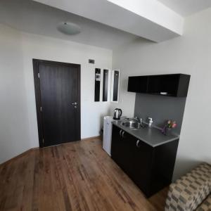 萨帕雷瓦巴尼亚Hotel Radi的一个带水槽和黑色门的小厨房