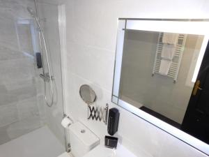 蒙福特·德·莱蒙斯HOTEL TERRA GALEGA MEIGA的带淋浴、镜子和卫生间的浴室