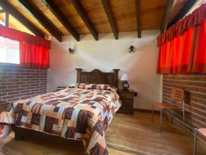 米内拉尔德尔蒙特CABAÑAS CASTILLO的一间卧室配有床和红色窗帘