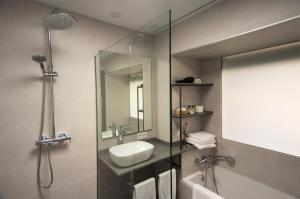 圣何塞Hotel La Posada De Paco - Spa & Adults Friendly的浴室配有盥洗盆和带镜子的淋浴