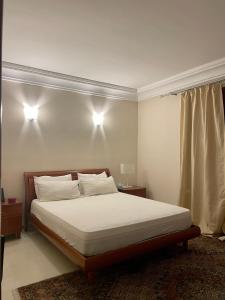 奥尔比亚Double A Luxury Apartment的卧室配有一张带两盏灯的墙壁床。