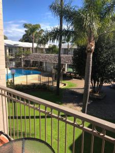 曼哲拉Tranquility at Mandurah Apartments的阳台,带游泳池和棕榈树的房屋