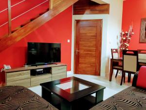 弗利康弗拉克Beach luxury Penthouse的一间带电视和红色墙壁的客厅