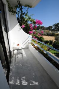 科林比亚HOTEL TINA FLORA的白色椅子,坐在带粉红色花卉的阳台