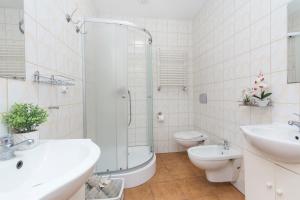 托伦Akademikus Toruń的一间带水槽、卫生间和淋浴的浴室