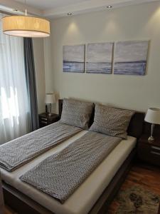 多瑙新城Dózsa 64的卧室内的一张床位,配有两个枕头和两盏灯