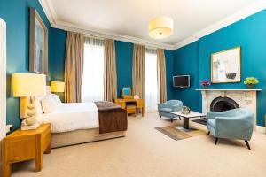 基尔肯尼巴特勒庄园的蓝色卧室设有一张床和一个壁炉