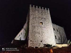 维贾内洛Il Castello dei Principi Sanseverino的一座大型石头建筑,晚上有窗户