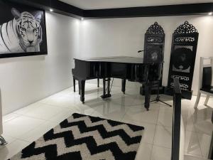 圣何塞图尔农别墅酒店的一只黑钢琴,在一副老虎的照片里