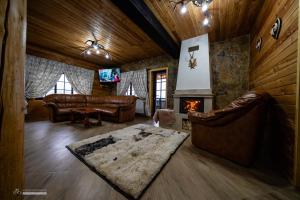瓦特拉多尔内Cabana La Fermă的客厅配有皮革家具和壁炉