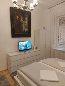 布达佩斯Melinda Apartman 2的一间卧室配有两张床,一个梳妆台上配有电视。