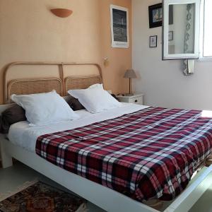 里夫杜海滩Ostréane-en-Ré的一间卧室配有一张带铺着平底毯的床