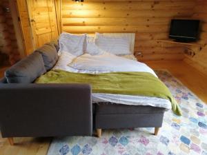 雷文格拉斯Ravenglass Log Cabin的一张位于配有沙发和电视的房间的床铺
