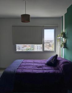 内乌肯Dolce Casa Departamentos的卧室在窗户前配有紫色床