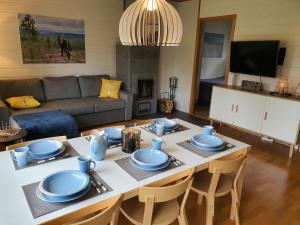 萨利色尔卡Rakovalkia Apartment的客厅配有蓝色餐具的桌子