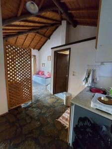 KoumeikaBeautiful house wiht sea view in Samos Island的一个带柜台的厨房和一个带门的房间
