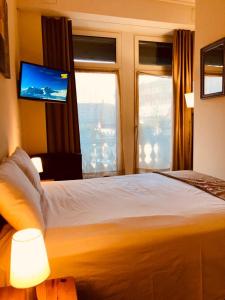 因特拉肯Hotel Harder Minerva的一间卧室设有一张床、电视和窗户