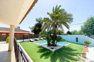 穆尔西亚Relax en la huerta de Murcia的一个带棕榈树和游泳池的后院