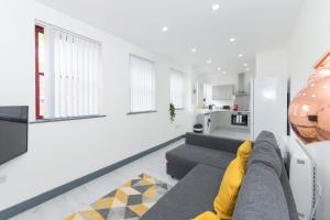 诺丁汉Nottingham City Centre Short Stay Apartments with Parking的一间带灰色沙发的客厅和一间厨房