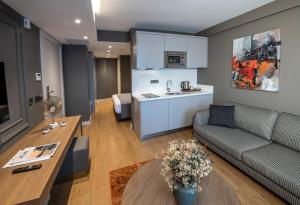 伊斯坦布尔Valente Suites&Hotel的带沙发的客厅和厨房