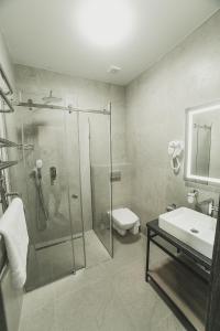 胡斯特HUSTON的带淋浴、卫生间和盥洗盆的浴室