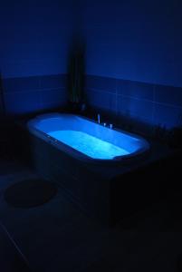 HeubécourtLe Romarande, Cottage détente avec SPA privatif的深色客房内的蓝色浴缸