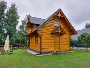 NiedzicaKANADYJKA domki drewniane的院子里的小木屋,配有雨伞