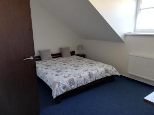 奥洛穆茨Penzion - JILAN, Náves Svobody 39, Olomouc的一间小房间的卧室,配有一张床铺