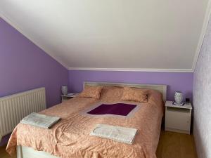 豪伊杜索博斯洛Julius Apartman的一间卧室设有一张紫色墙壁的大床