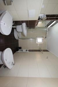 克卢日-纳波卡丽丽阿西尔酒店的一间带两个卫生间的浴室,铺有瓷砖地板。