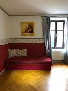 盖布利茨Ferienwohnung Madlene 2的窗户房间里一张红色的沙发