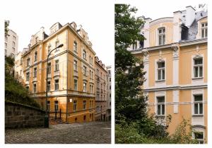 卡罗维发利Ferdinandhof Apart-Hotel的街道旁建筑物的两张照片