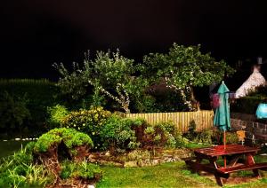 班多伦Atlantic Apartotel的一个带野餐桌和遮阳伞的花园