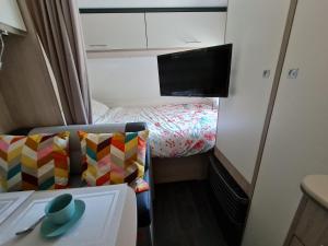 巴利瑟尔Caravane tractable的小房间设有一张床和一台电视机