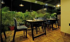 布巴内什瓦尔Treebo Trend Golden Nest的用餐室配有桌椅和植物