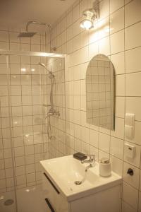 WieleńPrzytulny Apartament Mickiewicza 14/5的白色的浴室设有水槽和淋浴。