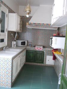 马赫迪耶House with Wala Garden的一间设有绿色橱柜和绿色地板的小厨房