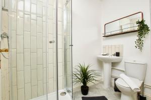 达宁顿堡Delven House, Apartment 2的带淋浴、卫生间和盥洗盆的浴室