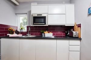 达宁顿堡Delven House, Apartment 5的厨房配有白色橱柜和水槽