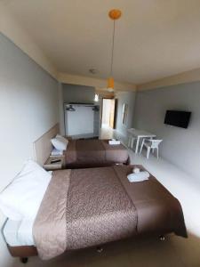 特拉曼达伊Lebanon Praia Hotel的酒店客房设有一张大床和一张桌子。