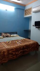 乌代浦Nandini Paying Guest House的蓝色的客房配有一张带棕色毯子的床