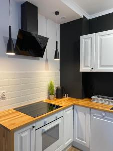 斯塔加德什切青Apartament Platinum Park的厨房配有白色橱柜和炉灶烤箱。