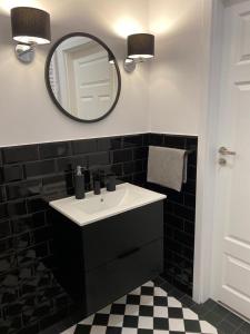 斯塔加德什切青Apartament Platinum Park的黑白浴室设有水槽和镜子